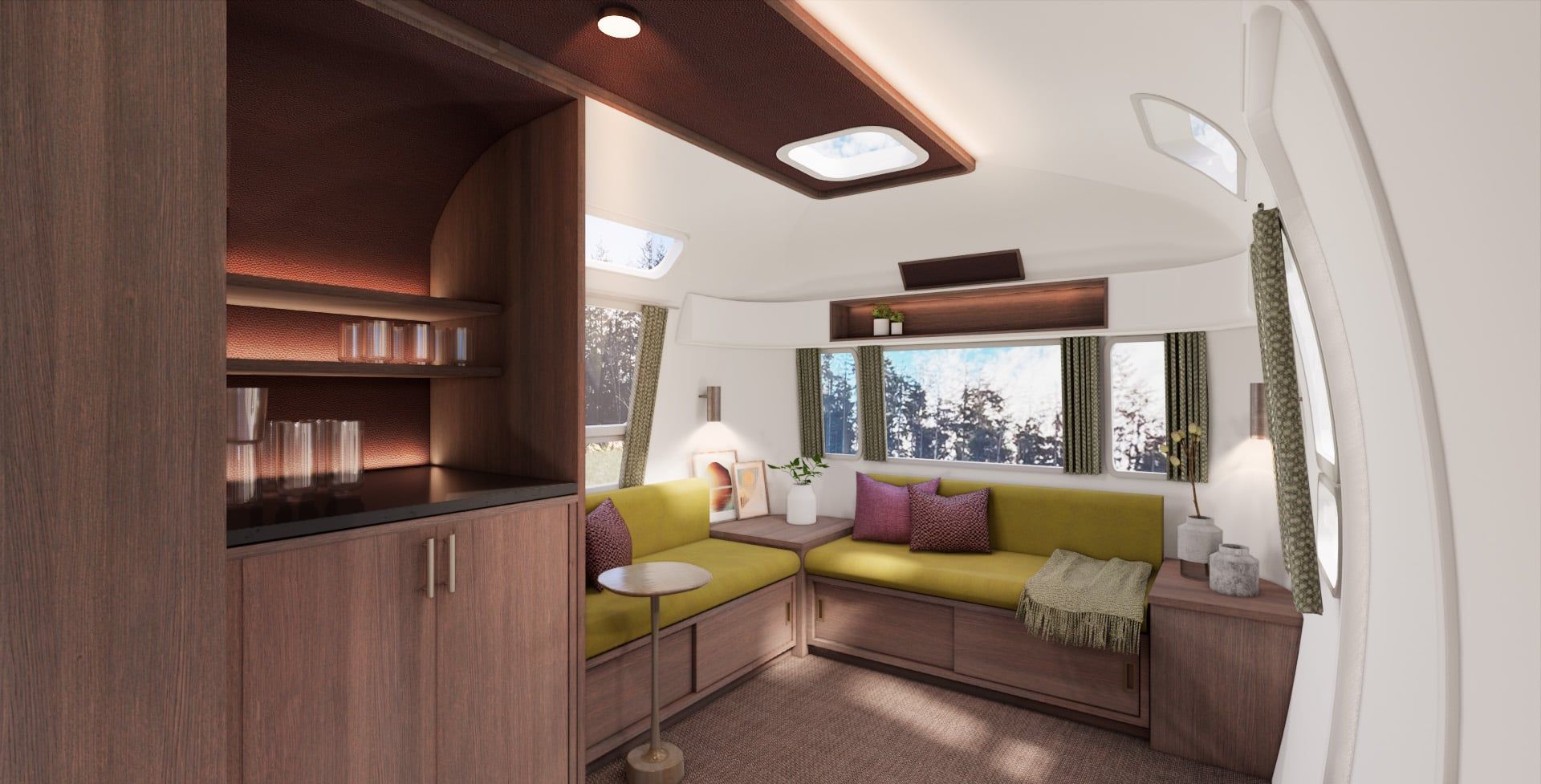 Solace Airstream — lounge interior, walnut joinery with oxblood and chartreuse upholstery.