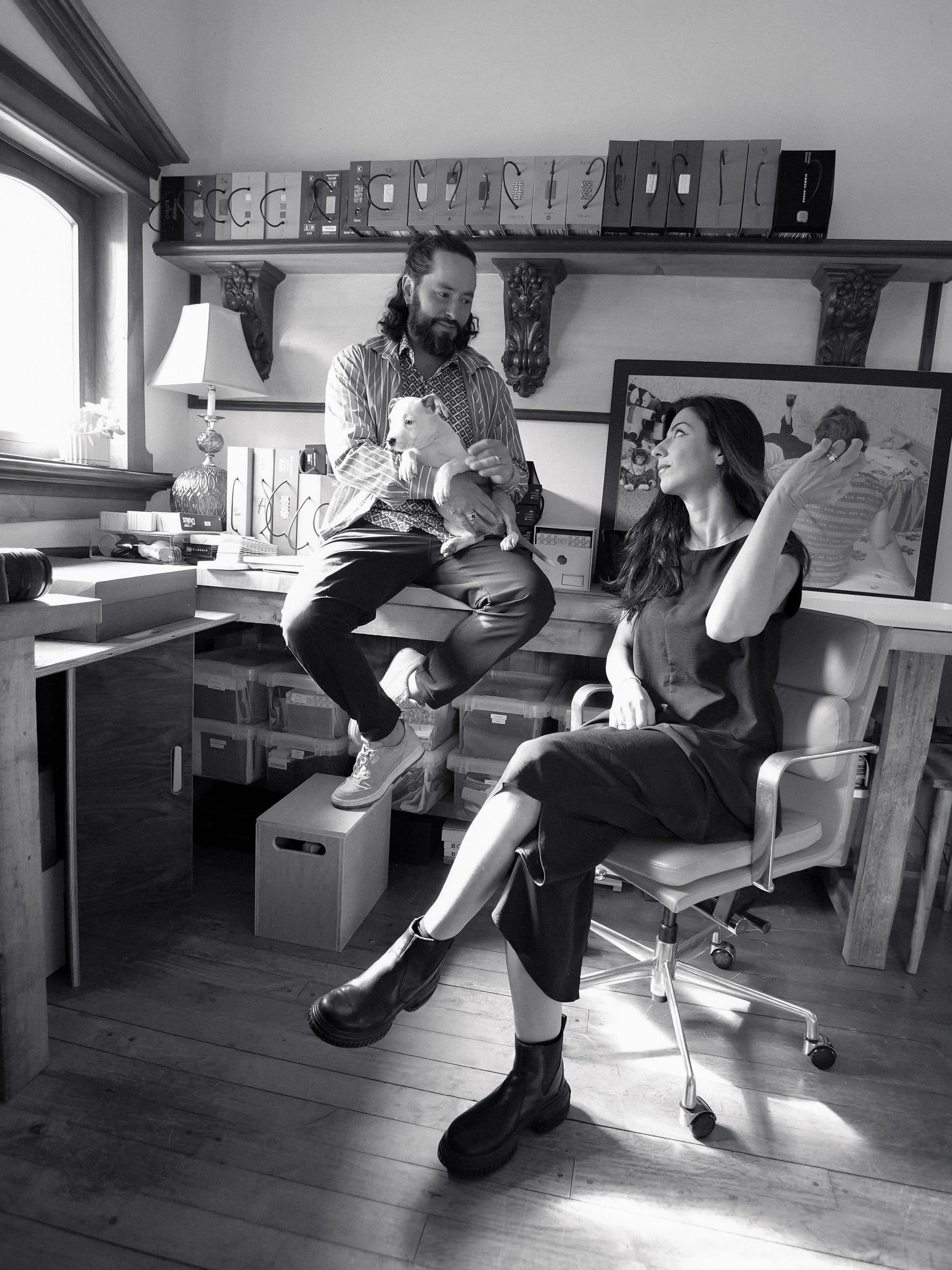 Negar Vali and Parker Bolden in conversation at the Perpetually Devastated studio.